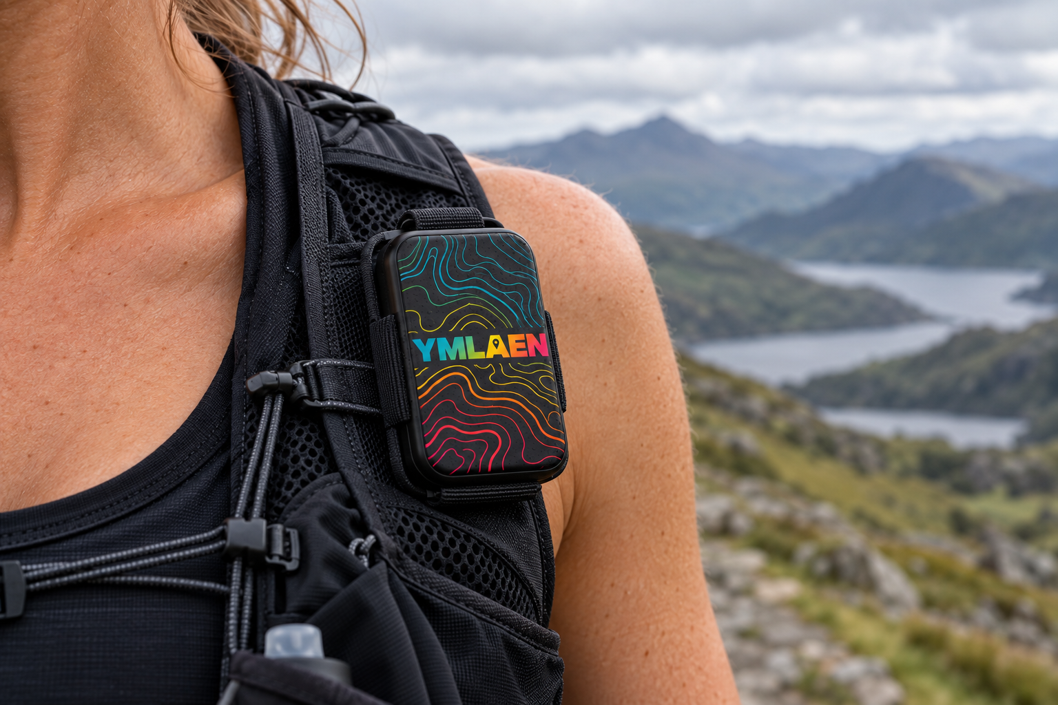 Female runner wearing a black Ymlaen tracker with colourful topographic contours on her shoulder strap